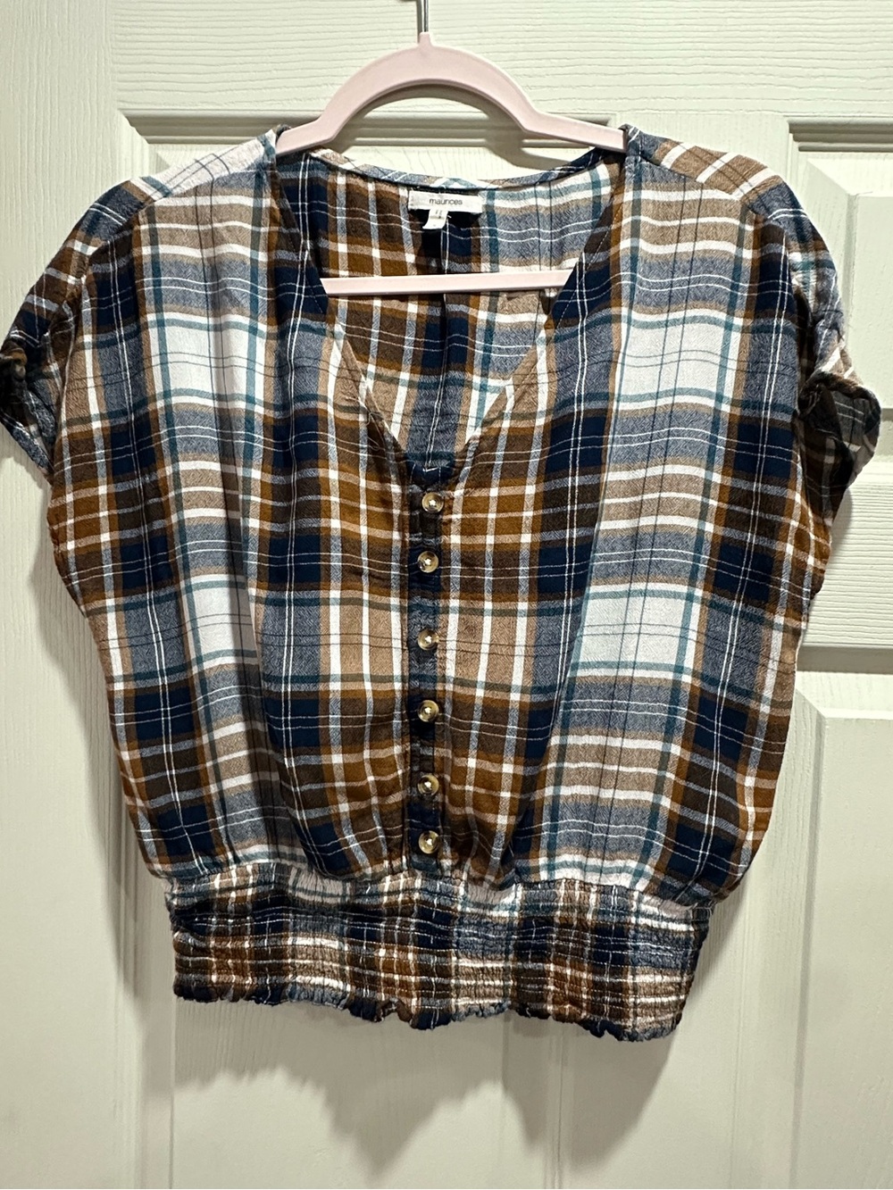 Maurices Plaid Button-Front Shirt in Brown, Navy & White
